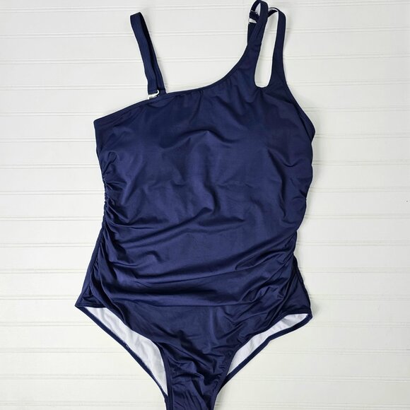 Women's Navy Blue One Shoulder Shirred One Piece Swimsuit Size 18W NWTF - Picture 2 of 15